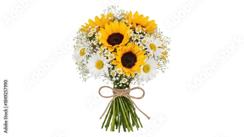 Fotografie Cheerful bouquet of sunflowers and daisies isolated PNG, bright floral arrangeme