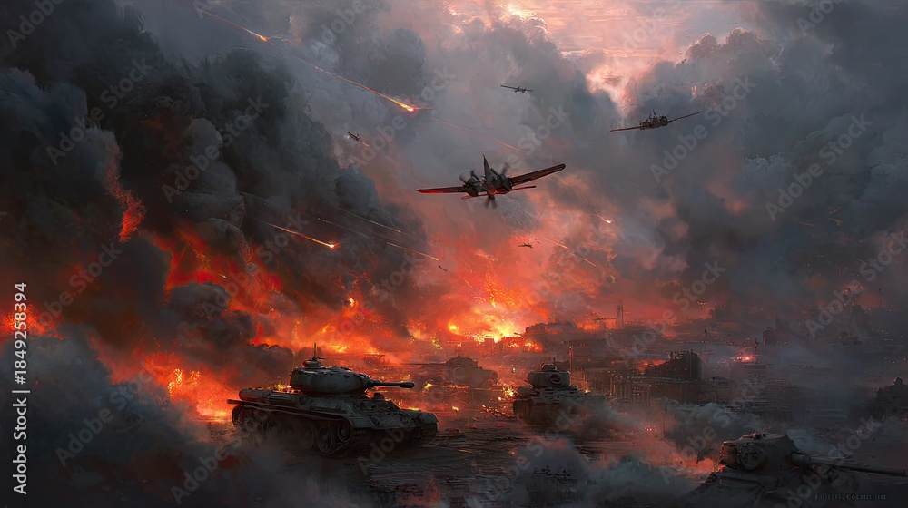 Naklejka premium Intense aerial combat and ground warfare scene with tanks, planes, explosions, and smoke during a dramatic fiery sky.