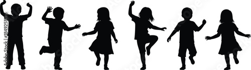 Happy children dancing silhouettes isolated on white background, playful kids jumping, joyful movement, childhood energy, freedom, fun, activity, celebration, lifestyle
