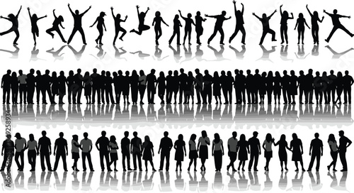 People crowd silhouettes set isolated on white background, jumping celebrating figures, diverse group standing, social community, teamwork, lifestyle, illustration, concept