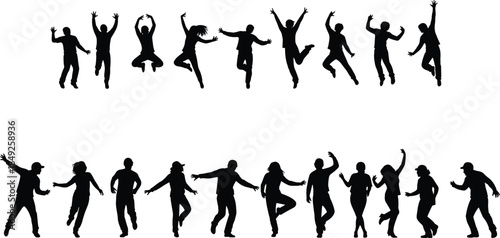 Happy dancing people silhouettes jumping celebrating energy isolated on white background group movement joy freedom lifestyle concept fun action party
