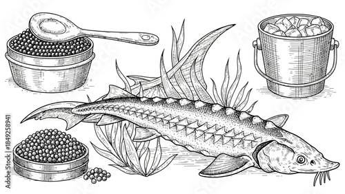 A set of different fresh raw fish including trout, mackerel, and sturgeon isolated on white for a healthy seafood meal from the sea and lake