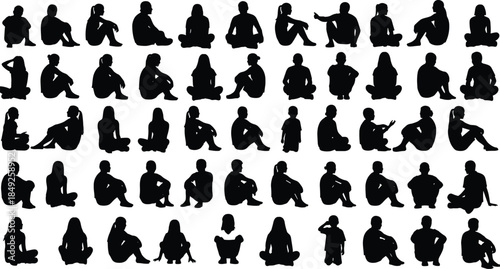 People sitting silhouettes collection seated poses adults children isolated on white background human postures lifestyle illustration set