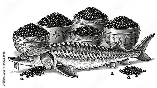 Elegant black caviar rests on a white background near a fashionable black and white straw hat and a decorative wooden gift box featuring minimalist jewelry design