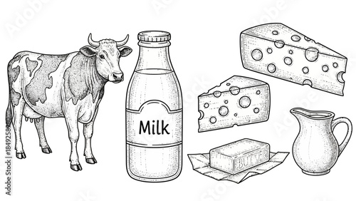 Cartoon illustration of a breakfast food set featuring milk and cheese dairy products on a wooden board with a glass bottle and bread icon design