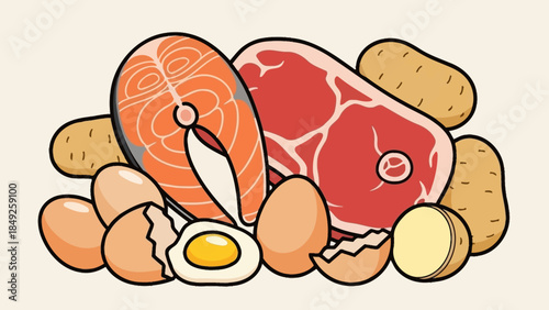 Cute cartoon vector illustration of a dog with a bone and a cat with food isolated on a white background