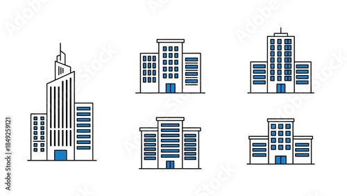 Isometric city buildings icon set with modern urban architecture and skyscrapers illustration