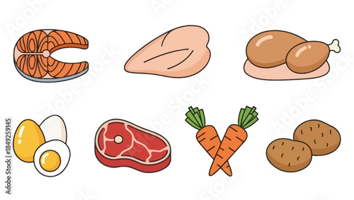 Vector illustration of a set of vegetables and fruits with a collection of bakery icons including bread, pastry, and sweet snacks isolated on a white background for a meal or breakfast