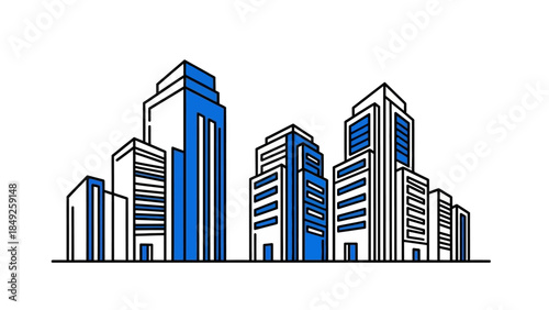 An abstract vector illustration of a modern urban city skyline featuring 3d skyscraper architecture and business building silhouettes for a downtown construction design
