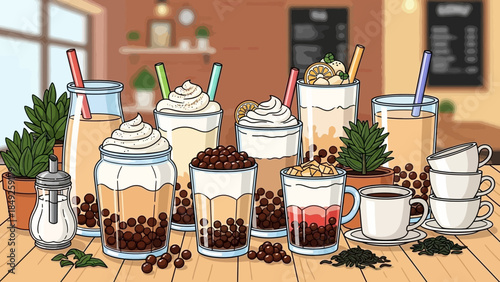 Restaurant table set with plates, cups, desserts, and drinks ready for a party or cafe meal