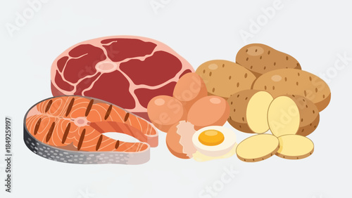 Cartoon vector illustration of fresh food and vegetables served on a plate isolated on white background