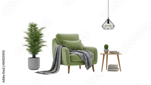 Cozy green armchair with pillow and blanket in modern living room