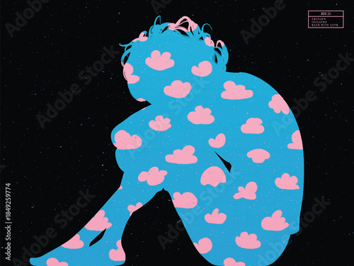 Patterned silhouette of sitting man. Abstract cartoon clouds on blue