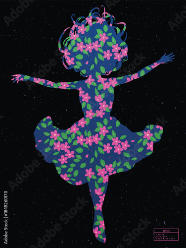 Patterned silhouette of flying woman. Purple flowers and green leaves