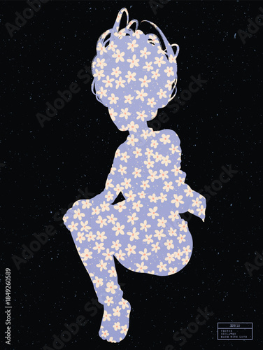 Patterned silhouette of lonely woman. Pattern with tiny spring flowers