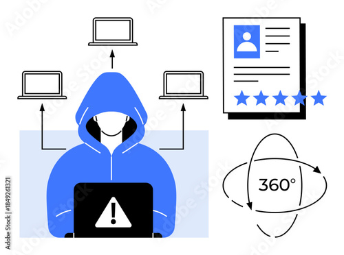 Hacker accessing data using a laptop connected to multiple devices, with a profile document showing ratings and 360-analysis icon. Ideal for cybersecurity, data protection, identity theft, online