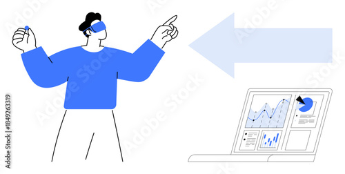 Data analysis, virtual reality, futuristic technology, interactive systems, business analytics, innovation. A man wearing VR gear interacts with data visualizations and a directional arrow. Virtual