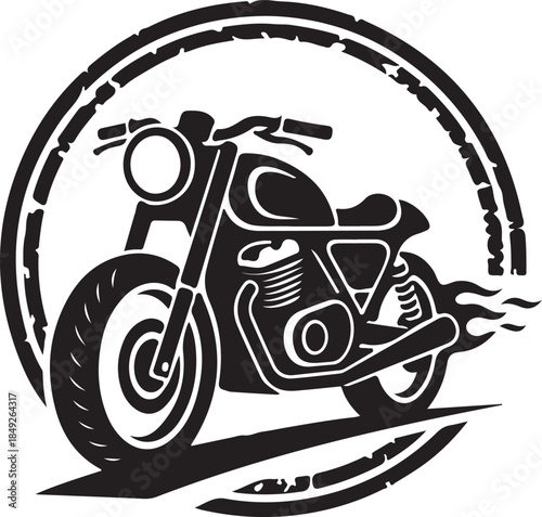 Classic custom motorbike illustration, retro cafe racer style with fiery exhaust and rough circle border, dynamic graphic art for vintage themes and biker culture designs