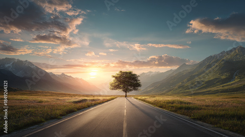 2022 New Year road trip and future vision concept. Scenic landscape with a highway leading forward, symbolizing a fresh and successful start to the year 2022 and upcoming celebrations.
