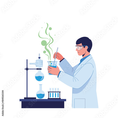 Scientist in lab coat conducting experiment with colorful chemicals