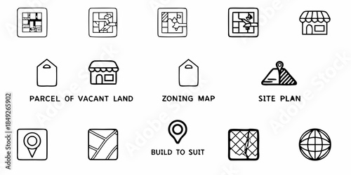 Real Estate Development Icons Set, Property Planning Symbols, Land Zoning and Site Plan Graphics