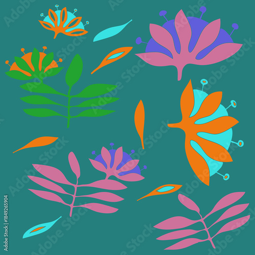 Design  colored branch, flower. Hand drawn.