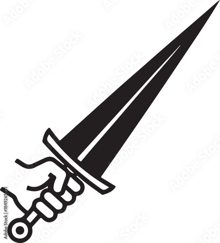 Stylized hand gripping a sharp dagger with a prominent blade and hilt, powerful black graphic illustration on white background.