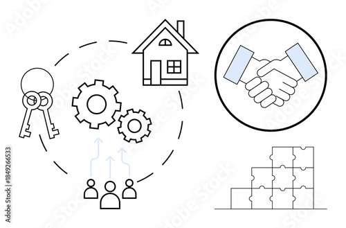 Real estate concept. Real estate ed by keys and house, business strategy with gears, partners handshake for collaboration. Real estate teamwork for development, growth, and property management