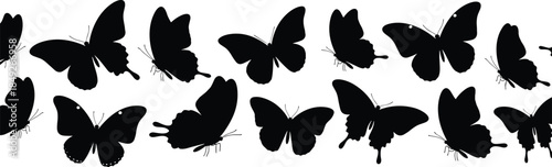 Butterfly silhouette collection, black insect shapes, species variation, wing design, white background, visual contrast, nature icon, graphic element, outline detail