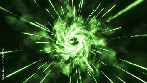 Abstract green lines moving across dark background forming geometric patterns and energy field