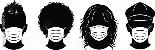 Face mask, human silhouette, diverse appearance, public health, safety illustration, black and white graphic, protection, pandemic, hairstyle, awareness, unity