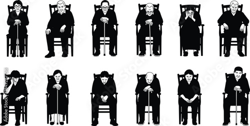 Elderly people, seated poses, aging study, senior silhouette, emotional posture, black and white illustration, medical art, psychological concept, chair gesture, expressive figure