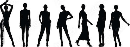 Fashion silhouette women in heels, stylish poses, black illustration, body language, outfit variety, modeling concept, white background, elegance icon
