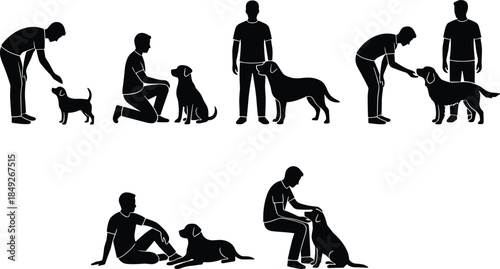 Human and dog interaction silhouettes, pet training, caring, bonding moments with canine companions, isolated white background, minimalist black vector illustration
