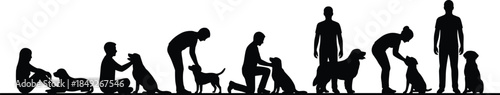 Human dog relationship evolution silhouettes, people training, caring, bonding with pets, canine companionship stages isolated white background minimalist vector illustration