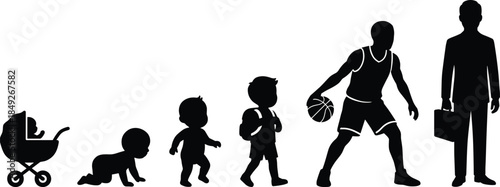 Human life stages evolution silhouette, baby to adult growth concept, childhood development, career lifestyle, basketball athlete progression illustration