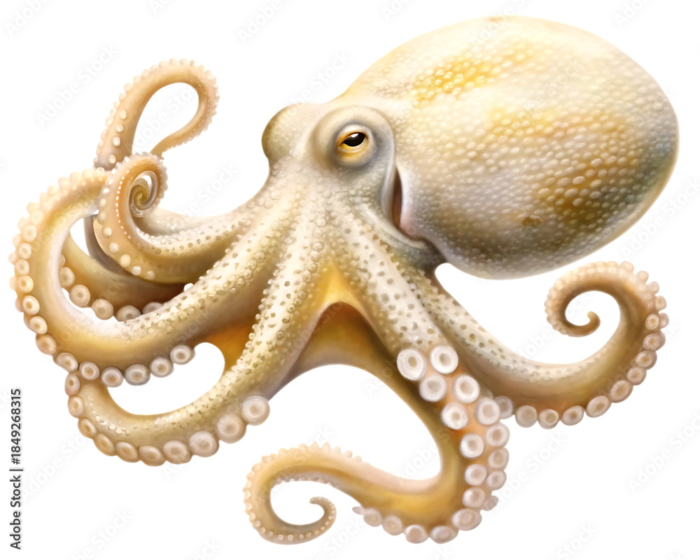 Fototapeta premium Pale octopus with curled tentacles on isolated on a transparent background cephalopod