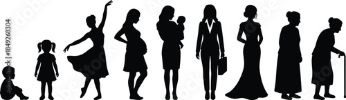 Silhouette, woman, life, stages, aging, timeline, female, growth, development, roles, motherhood, childhood, elderly, career, youth, journey, transformation, identity, evolution, graphic, illustration