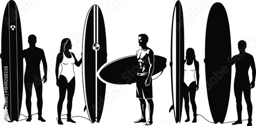 Surfing silhouettes, beach lifestyle, surfboards, summer activity, ocean sport, male and female surfers, swimwear, coastal culture, black and white illustration, graphic art