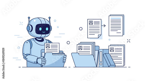 Friendly robot organizing digital files with efficiency and precision