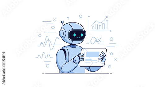 Illustration of a smiling robot analyzing data with a tablet and graphs