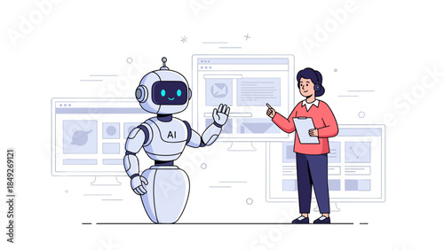 Female adult engaging with friendly robot in tech environment