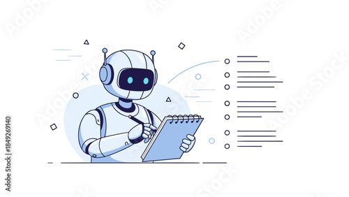 Humanoid robot writing notes with clipboard in futuristic setting