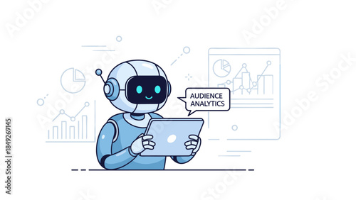 Friendly robot analyzing audience data on tablet in digital world