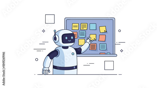 Friendly robot organizing colorful sticky notes on smart board