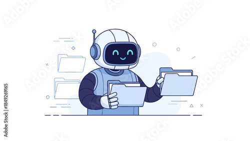 Cartoon robot organizing digital files with smile