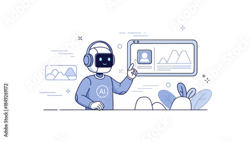 Ai robot interacting with virtual reality interface in futuristic setting