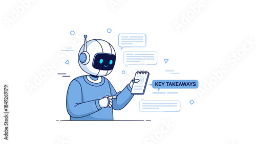 Friendly robot taking notes with speech bubbles and key takeaways in a blue-themed illustration