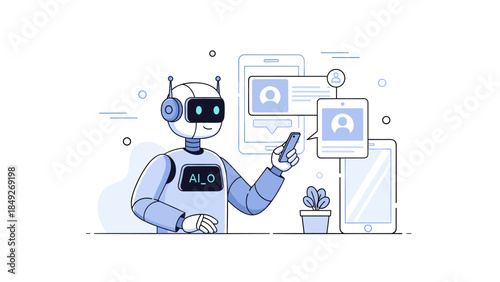 Futuristic robot interacting with technology devices in digital communication concept