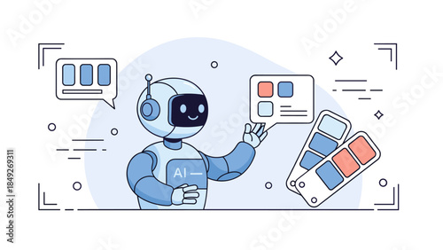 Friendly ai robot analyzing color swatches with modern technology interface
